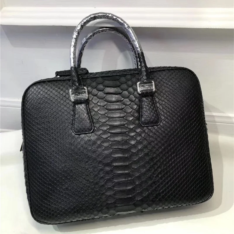 Business Style Genuine Python Leather Zipper Closure Men's Large Portfolio Handbag Authentic Snakeskin Male Laptop Briefcase - Цвет: Черный