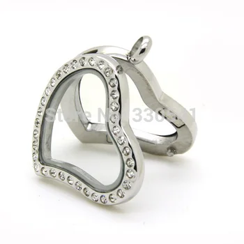 

2018 new stainless steel floating locket heart magnetic glass locket pendant with rhinestone 10pcs