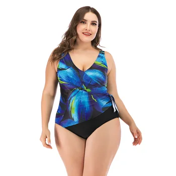 

Leaf Print V Neck Swimsuit Plus Size Womens 2020 Beach Wear Low Back Monokini Summer Tummy Control Large Size Swimwear L-XXXXL