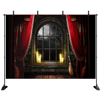 

Halloween Party Photography Backdrop Red Curtain Dead Tree out of Window Vinyl Background for Party Photo Studio