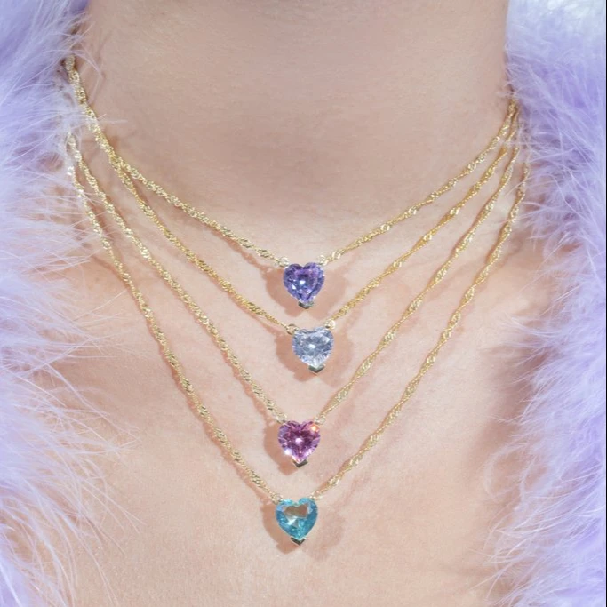 2024 Donne All'Ingrosso Bianco Rosa Blu Singolo Cuore Cz Pavimentato Collane Con Ciondolo Per Amante Fidanzata Fascino Regalo Geometrico Gioielli