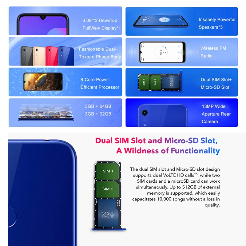  Global Rom Honor 8A Smartphone 6.09''RAM3GB ROM32GB/64GB MTK6765 Octa Core Android 9.0 3020mAh Face