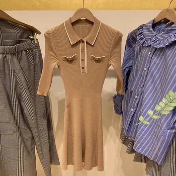 

Brand Fashion Women High-end Luxury Summer Elegant Lapel Slim Short-sleeved Slim Knitted Dress