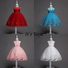 It's Yiya/Платья с цветочным узором для девочек элегантные кружевные короткие детские вечерние платья с бантом голубое, розовое, Бордовое платье для свадебного причастия для девочек, 1026