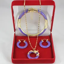 Простой стиль 7," фиолетовый нефрит браслет, круглые серьги и 18kgp кулон Дракон вечерние и юбилейные