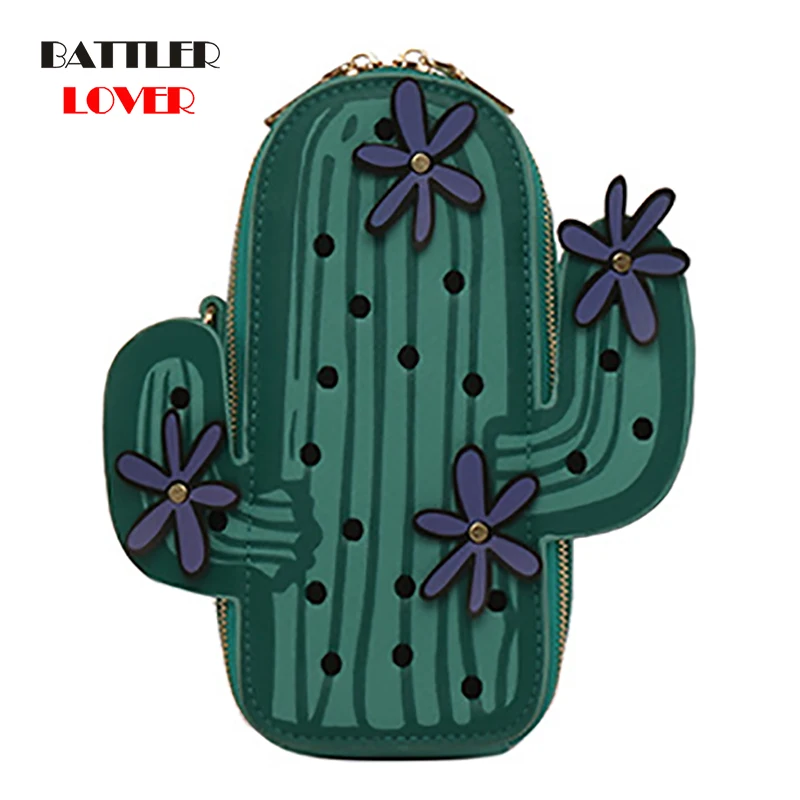 Creative Green Cactus Plant Shoulder Bags for Women Fashion Embroidery Flower Mini Chains Crossbody Bags Mobile Phone Purse