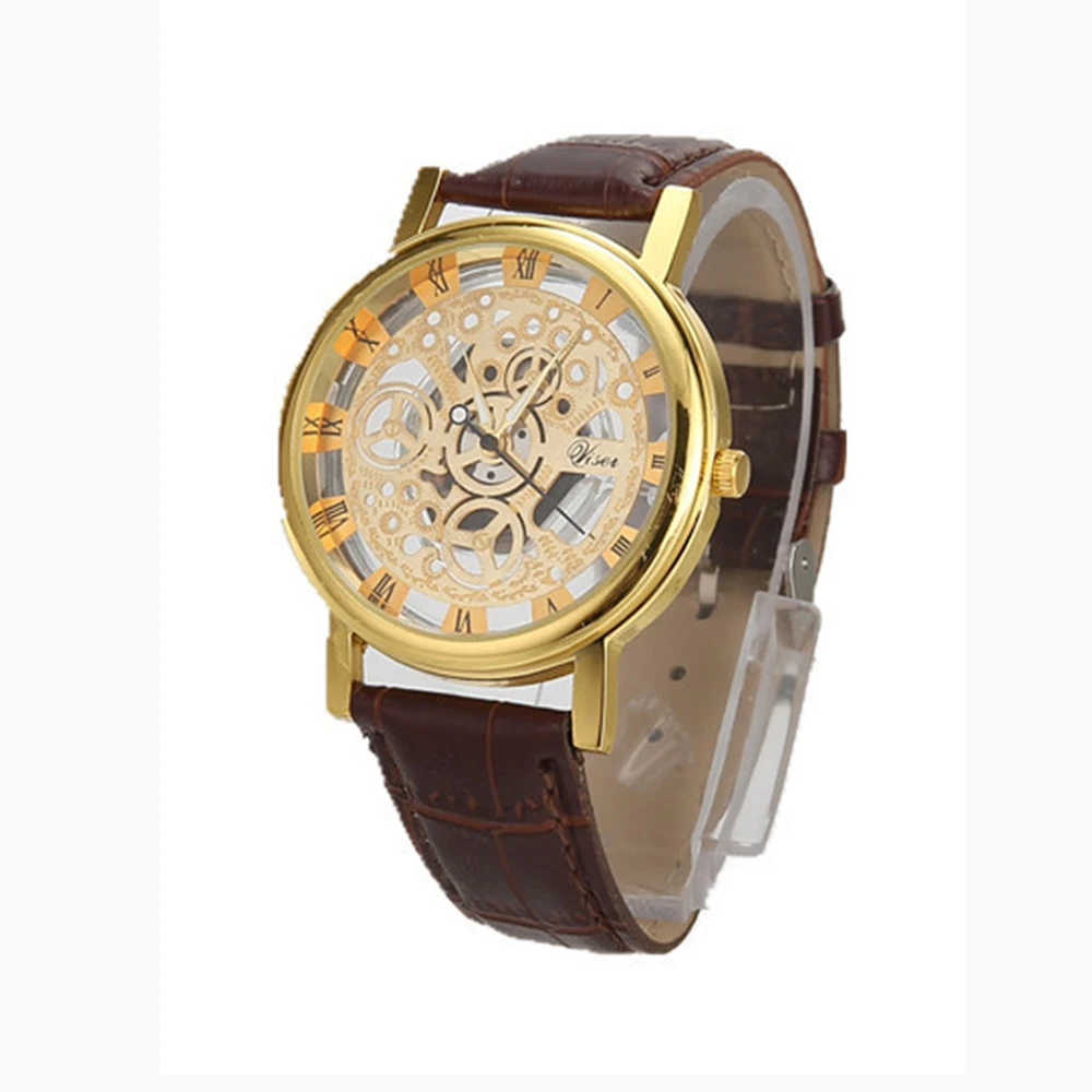 Fashion Business Watch Women Engrave Skeleton Hollow Reloj Hombre Dress Quartz Wristwatch Leather Band Women Clock Men Watches - Цвет: gold brown