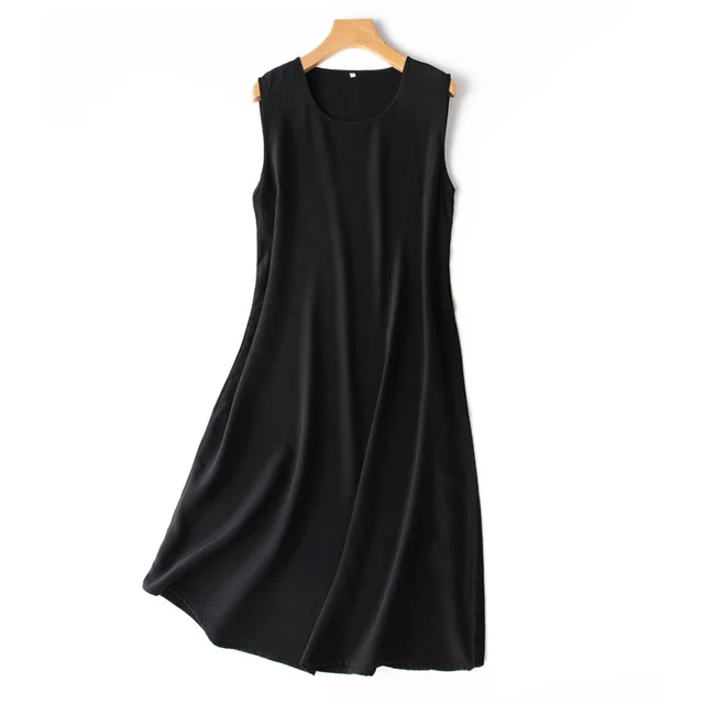 SuyaDream Woman Mini Dress 100%Silk Crepe Solid A line Sleeveless O neck Tank Dresses 2021 Spring Summer Chic Dress black