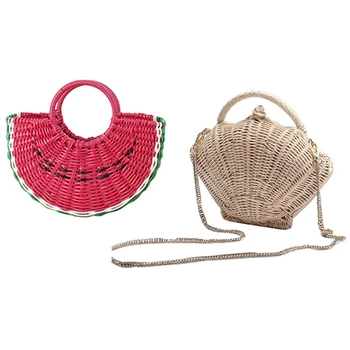 

Shell-Shaped Chain Small Messenger Bag Rattan Woven Straw Bag & Beach Straw Bag Female Semi-Circular Hand-Woven Bag