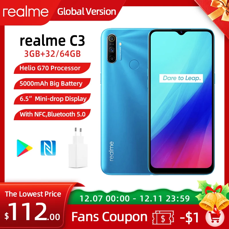

realme C3 5000mAh Battery Mobile Phone 3GB RAM 32GB 64GB ROM Helio G70 Processor 12MP AI Dual Camera HD Mini-drop Fullscreen NFC