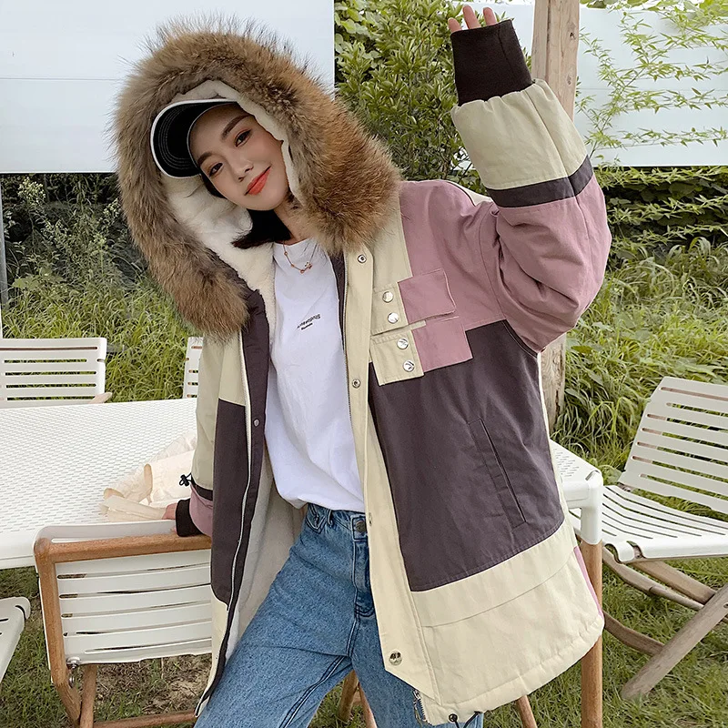 

2019 Winter New Style down Jacket Women's Fashion Parka Genuine Fur Collar Inner Wearing plus Velvet High Quality Cotton Coat