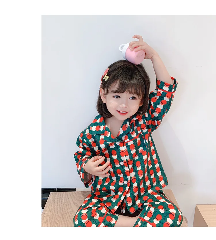 Girl's Contrast Color Turndown Collar Pajama Sets.Toddler Kid's Green Dots Pyjamas Set Cardigan Sleepwear.Children’s Clothing designer pajama sets