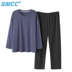 2021 Solid Color Mens Cotton Pajamas Set Long Sleeve O-Neck Lounge Sleepwear 2pc Plus Size Adult Sleep Tops with Pants Home Wear