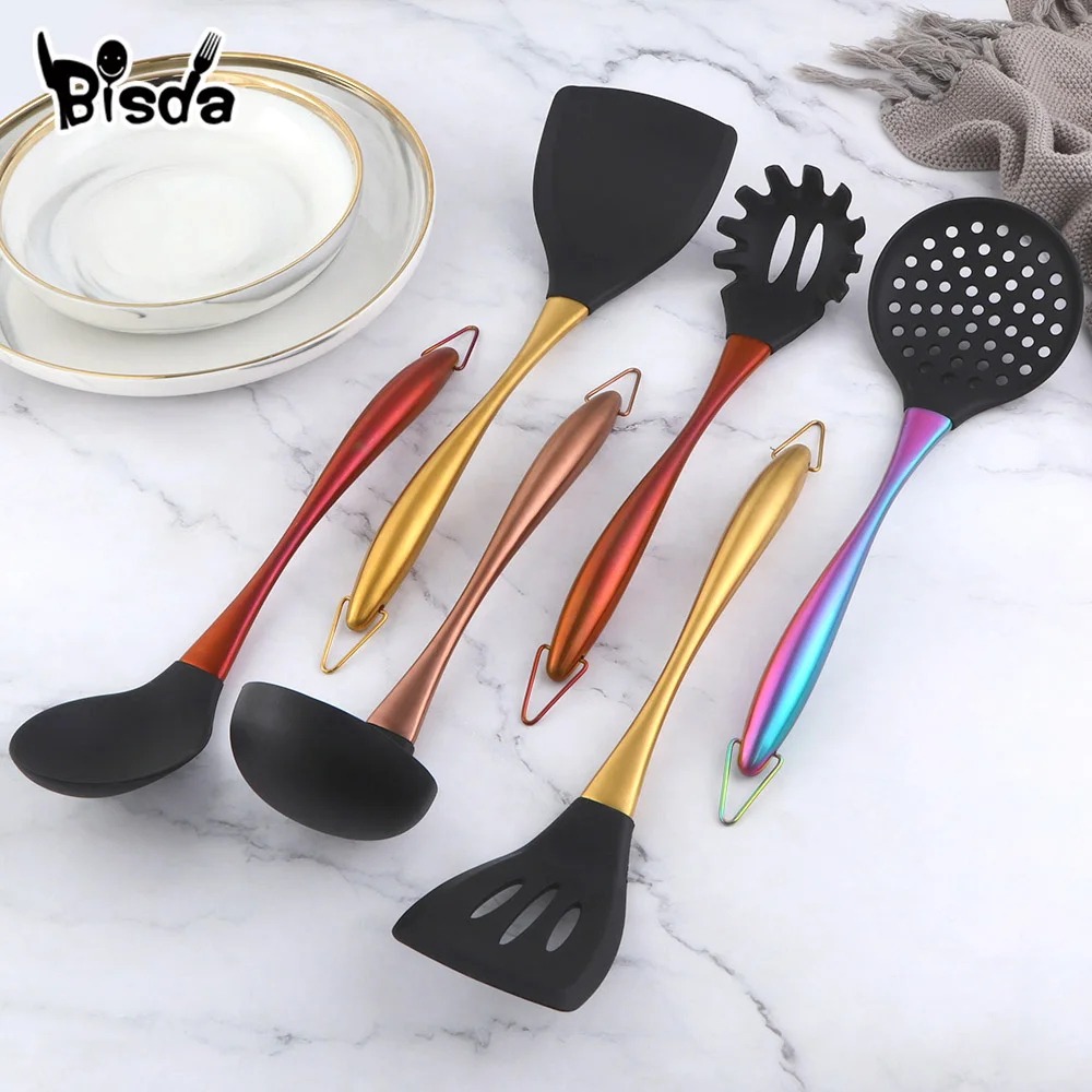 1-7PCS Cooking Tools Set Soup Scoop Slotted Spoon Turner Ladle Stainless Steel Silicone Head Hanging Kitchen Server Pot