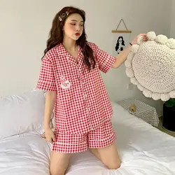 2019 клетчатая летняя Корейская стильная футболка с короткими рукавами в клетку с короткими рукавами, шорты, комплект из двух предметов
