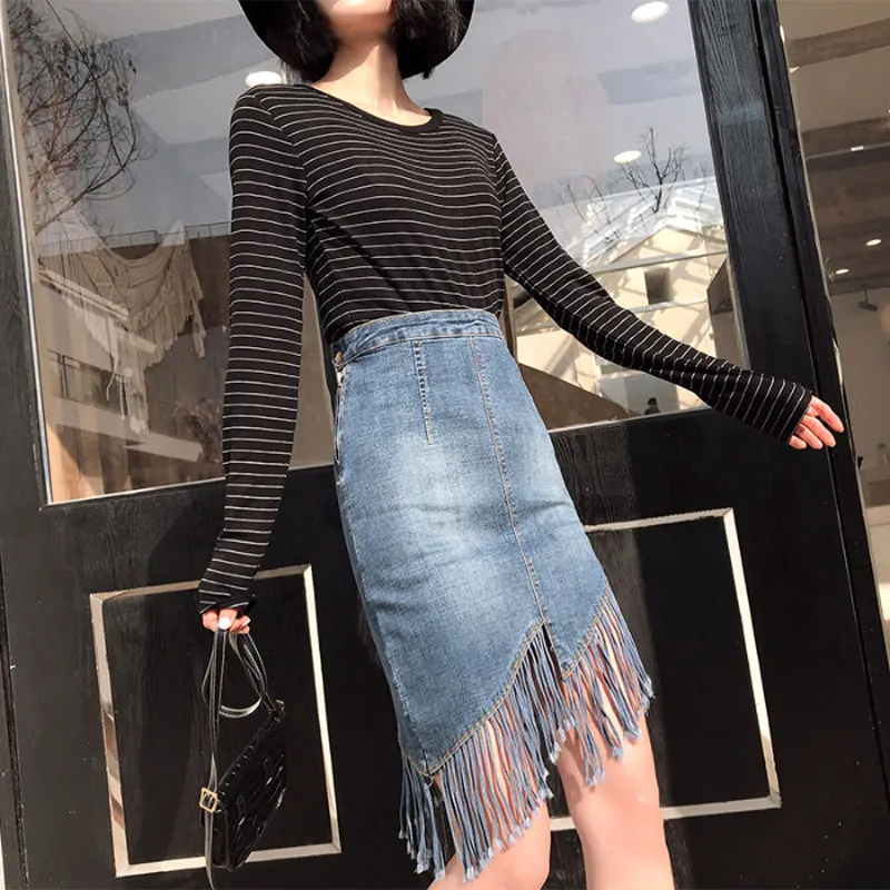 Корейский стиль Высокая талия юбка с бахромой женская одежда Асимметричные джинсовые юбки высокая эластичность кисточкой Юбка женская уличная