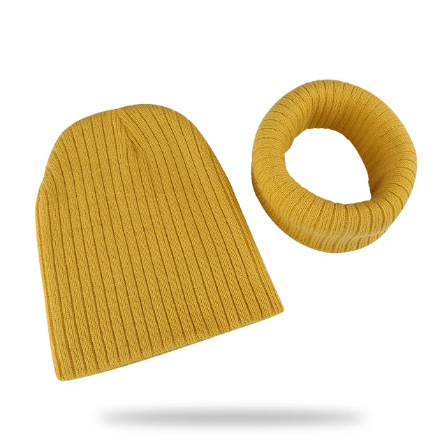 Winter Kids Boy Girl Solid Color Knitted Cap And Scarf Set Crochet Baby Beanie Hat Children's Accessories Bonnet dark yellow