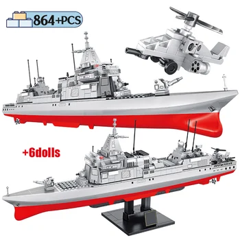 

864pcs WW2 Navy Destroyer Building Blocks For City Military Technic Ship Helicopter Figures Bricks Toys for Children Gift