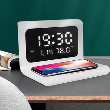 

10W QI Fast Wireless Charger Phone Holder Dock Station Digital Alarm Clock Desk Snooze Clock Time Date Temperature Display
