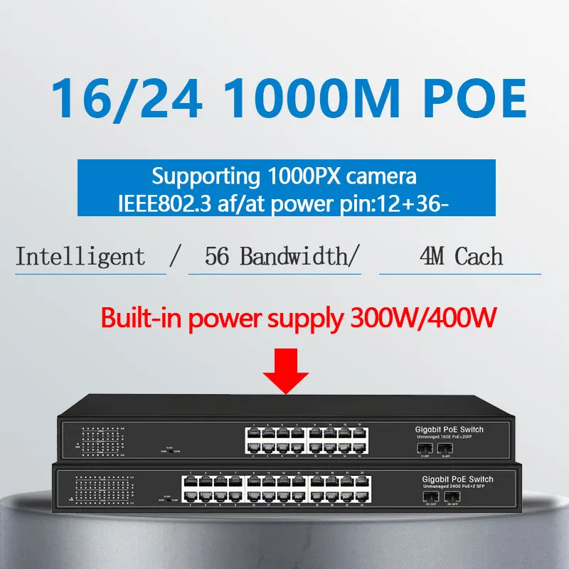 16 портов PoE сетевой гигабитный коммутатор с 2 гигабитными SFP 24 PoE 2 SFP порта Gigbit PoE 48 в стандартный PoE Ethernet сетевой коммутатор