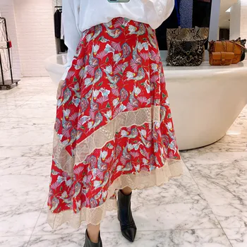 

Women's 100% Silk Irregular Midi Skirts Lace Trim Elastic Waist A-line Ladies Skirts