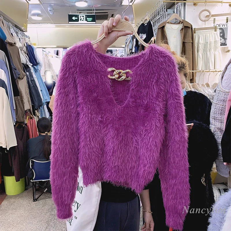 

Chain V Neck Sweater Women 2020 Autumn and Winter New Elegant Gentle Mink Wool Pullover Hollow Out Jumpers Lady Pull Knit Tops