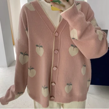 

V-Neck Women's Cardigan Female Long Sleeve with Single Breasted Knitwear Cardigan Casual Peach Pattern Ladies Loose Sweater 2020