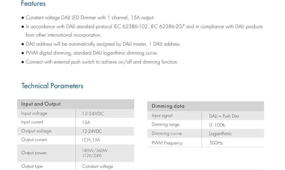 Модель#: DA1; 1CH* 15A 12-24VDC CV DALI Dimmer
