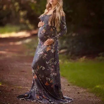

Printed Maternity Trailing One-Neck Collar Long Dress Photography Long Sleeve Dress maternity dresses CHD30024