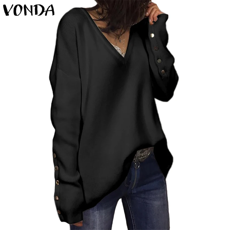 Черный VONDA/модные повседневные топы с длинными рукавами и v-образным вырезом; вязаные свитера; зимняя теплая блузка; топы; вязаный пуловер; Блузы - Цвет: Черный