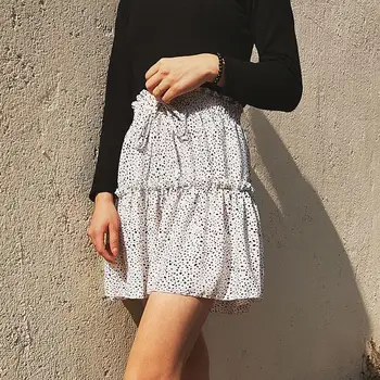

Summer Dot Print Woman Skirts Lady Thin Ruffles Mini Skirt Women 2020 Casual Beach High Waist Skirt Lace Up Pleated Short Skirt