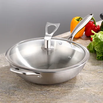

304 Stainless steel uncoated non stick pot Cooking utensils without cooking fume Three layer composite steel bottom wok pan