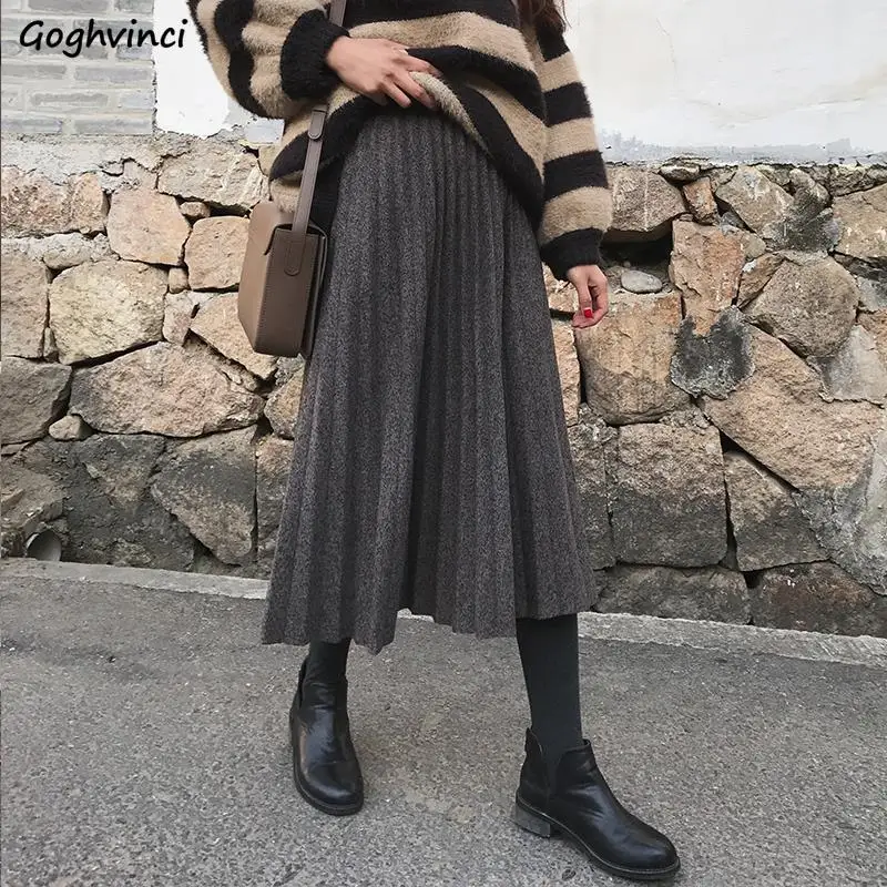 Женская юбка в складки свободные Chic корейский стиль Осень, Зима сплошной Для женщин s удобные простые универсальные Высокая талия на каждый день
