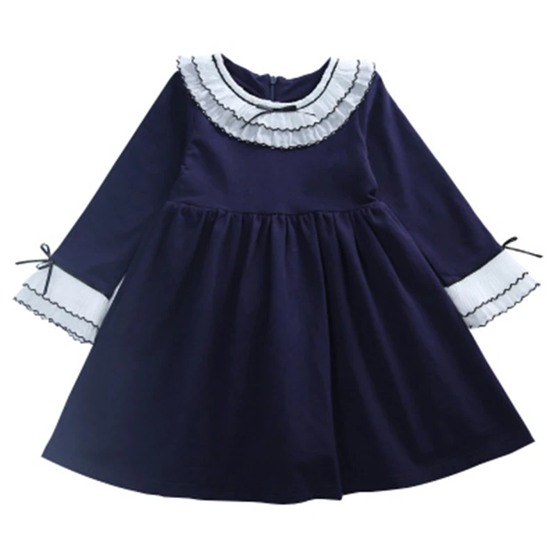 Модное хлопковое платье для девочек осеннее детское милое платье в консервативном стиле с расклешенными рукавами и темно-синим воротником для девочек детская одежда розовый/синий