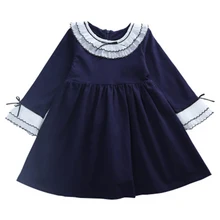 Модное хлопковое платье для девочек осеннее детское милое платье в консервативном стиле с расклешенными рукавами и темно-синим воротником для девочек детская одежда розовый/синий