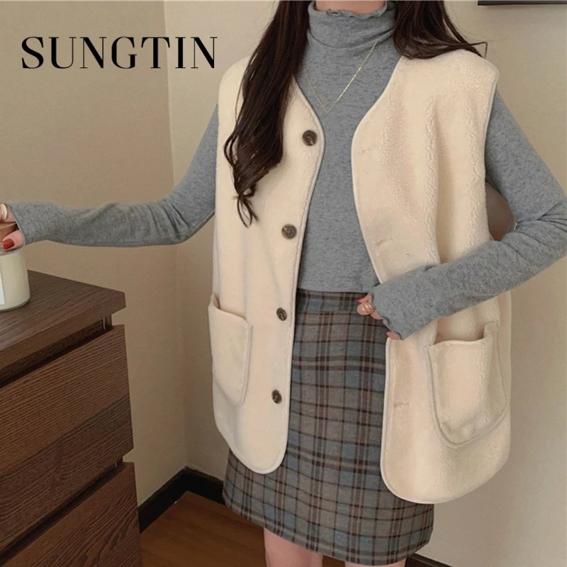 Sungtin свободный флисовый жилет теплая Женская куртка без рукавов из искусственной