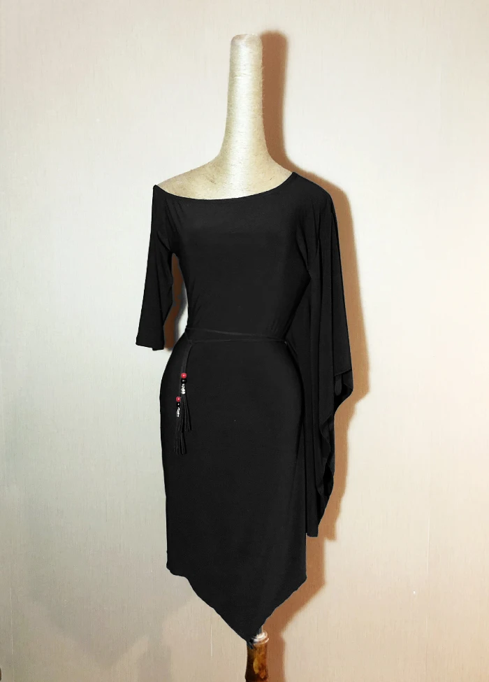 Новая юбка для латинских танцев, черные тренировочные костюмы с рукавом «летучая мышь», платья для латинских соревнований, Дамская одежда для выступлений, DQL2780