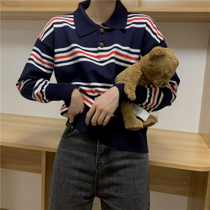 Polo Collar Striped Sweater Women Fashion Loose Casual Knitwear Tops Girls Soft Winter Long Sleeve Tunic Pulls | Женская одежда