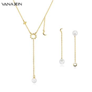 

VANAXIN Sexy Jewelry 925 Sets For Women Necklaces & Earrings Long Cute Moon Sun Style Jewellery 925 Sterling Silver Gold Color