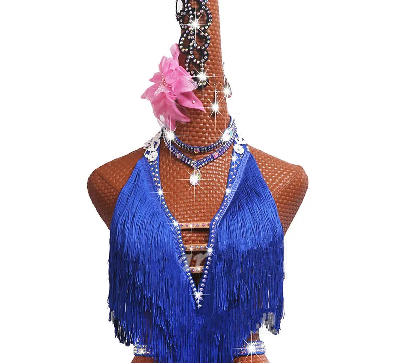 Shiny Rhinestone Latin Dance Dress Women High-end Custom Girl And Adult Female Blue Fringed Dance Dresses Competition Costumes