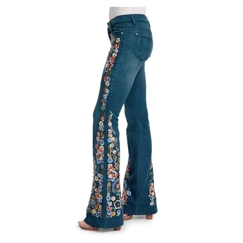 MoneRffi женские шикарные Цветочные вышитые с высокой посадкой расклешенные джинсы широкие ноги длинные джинсовые брюки