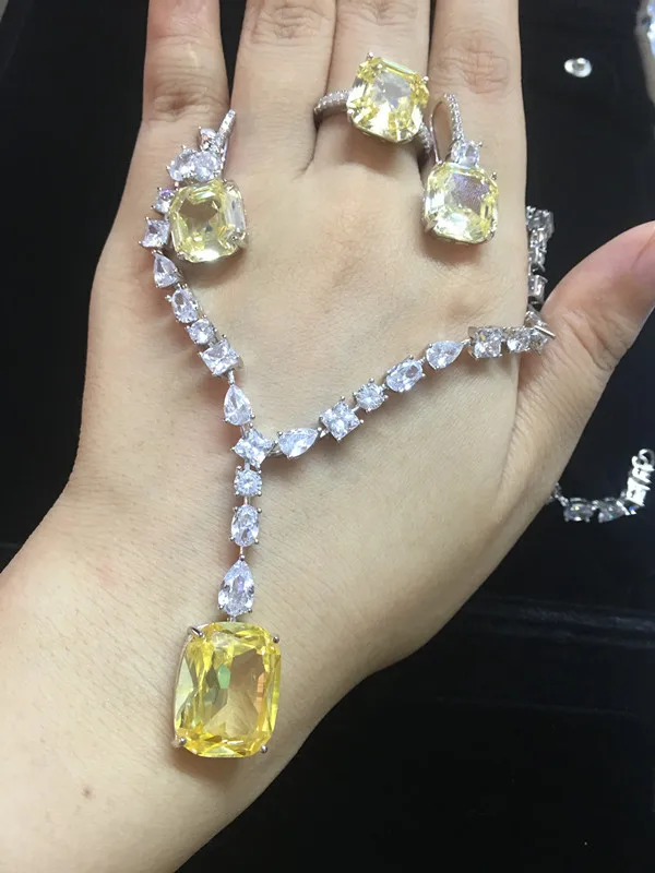 Роскошные брендовые ювелирные изделия блестящий кубический циркон желтый камень ожерелье серьги кольцо свадебные комплекты ювелирных изделий платье аксессуары