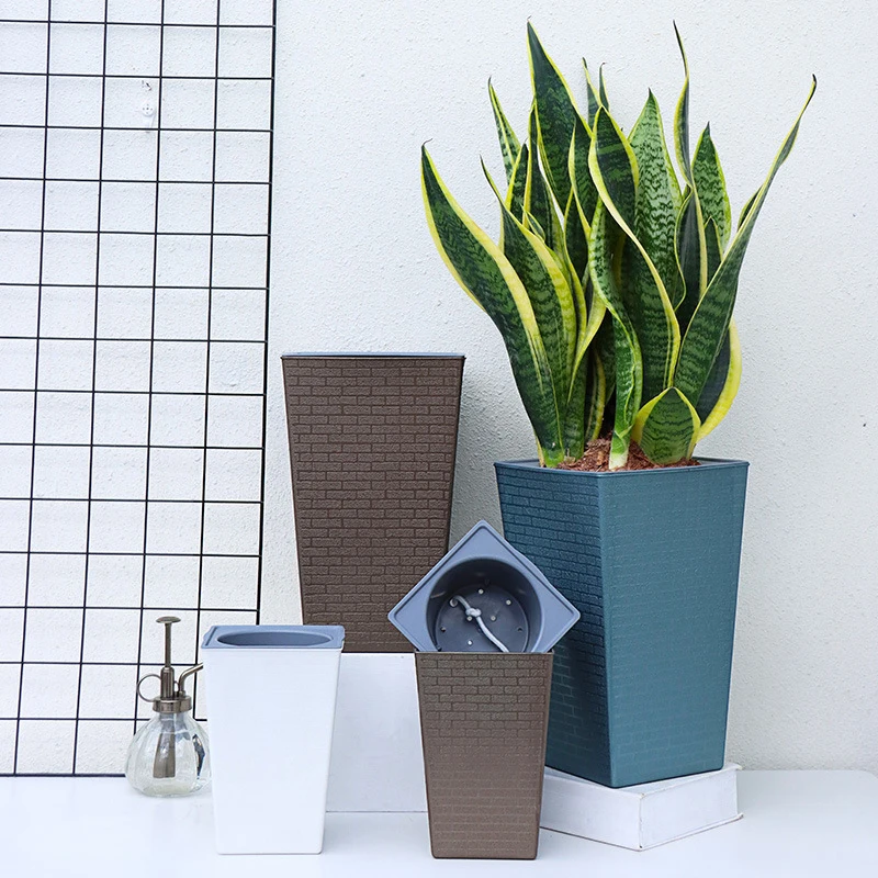 Flower Pot Plant Pot Brick Pattern Imitation Metal Plastic Square And Tall Type For Gardening Potted Plants