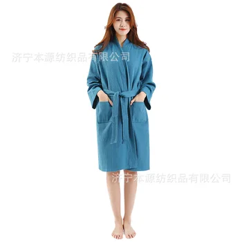 

Japanese Style Pure Cotton Waffle Bathrobe Bathrobe Hotel Couples Women's Spring and Summer Thin Absorbent Quick Drying