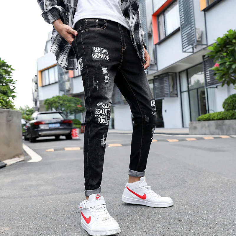 

Summer Slim Fit Jeans Men for Korean Designer Letter Printed Jeans Slim Homme Distressed Jeans for Men Regular Fit Streetwear