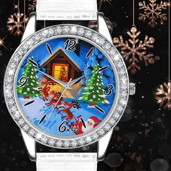 

Women's Christmas Gift Printed Watches Dial Belt Inlaid With Diamond Digital Scale Watch Personality Simplicity Clock Relogio
