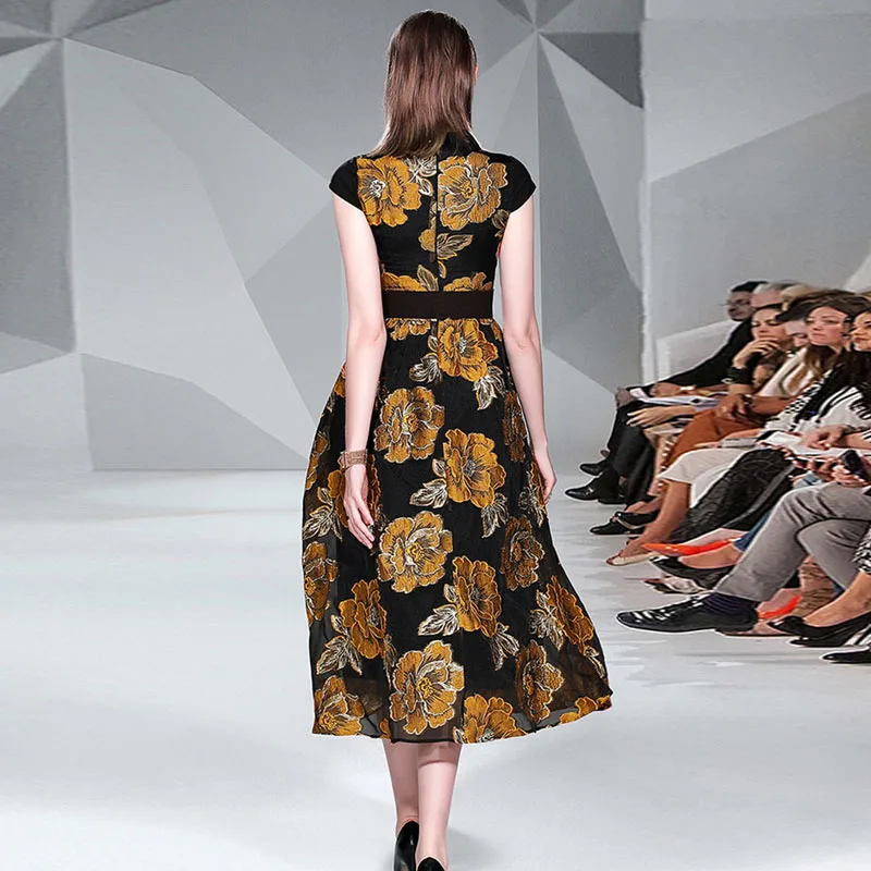 Elegant Women Runway Flower Print Jacquard Long
