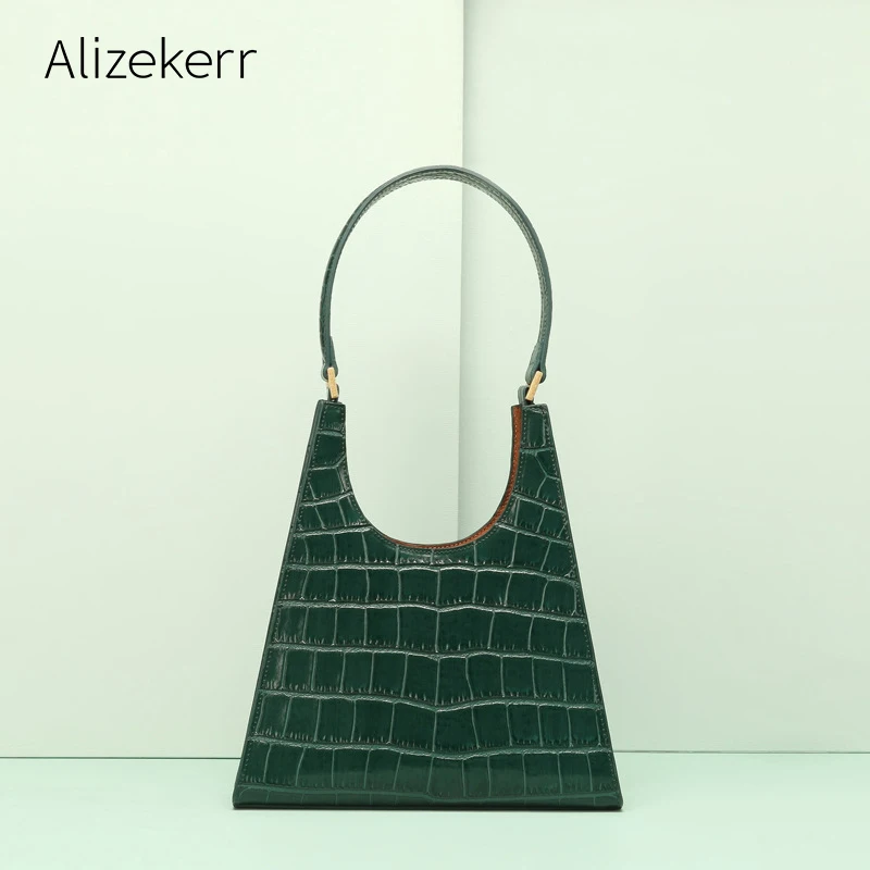 

Genuine Leather Trapezoid Shoulder Bag Women Retro Luxury Crocodile Pattern Tote Flap Handbag Real Leather Underarm U-shaped New