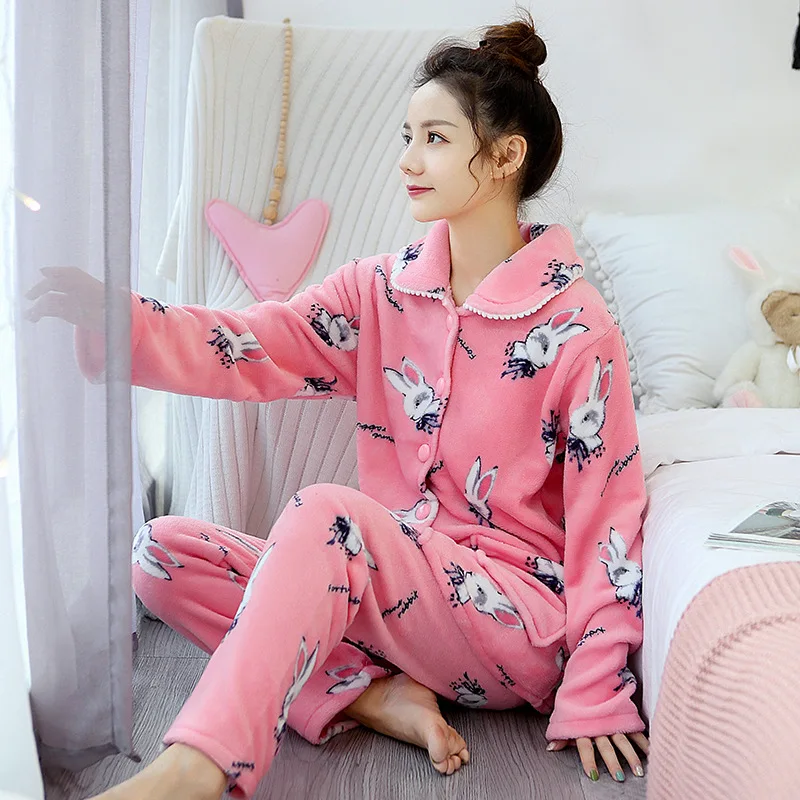 

Pajamas Female Winter Coral Velvet Cute Long Sleeve Thick Flannel Homewear Set Cardigan Warm-Outer Wear