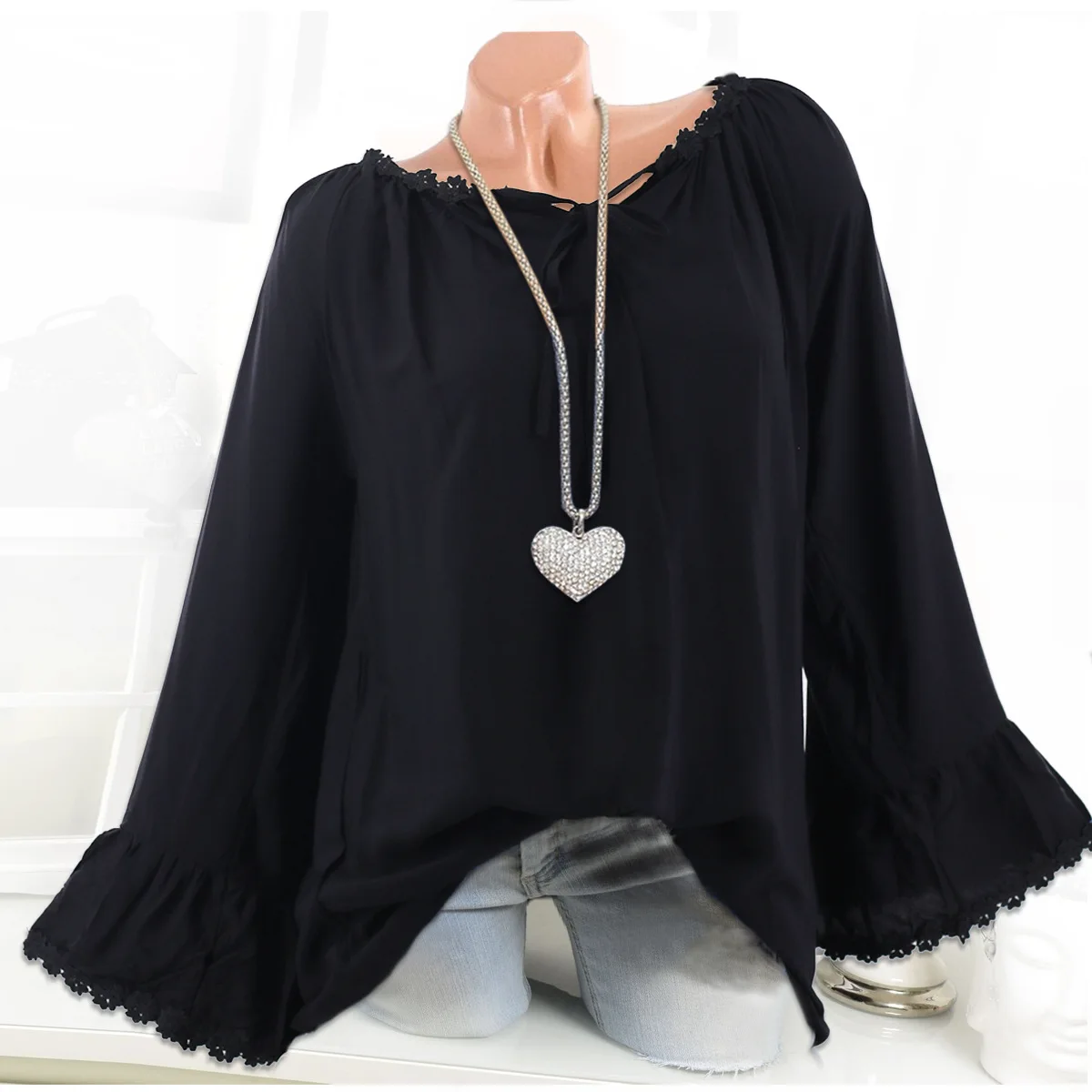 2019 Fashion Women Long Sleeve T-shirts Autumn Winter One-neck Lace Stitching Shirts Women Loose Tops Tees Clothes S-5XL THXDOLL